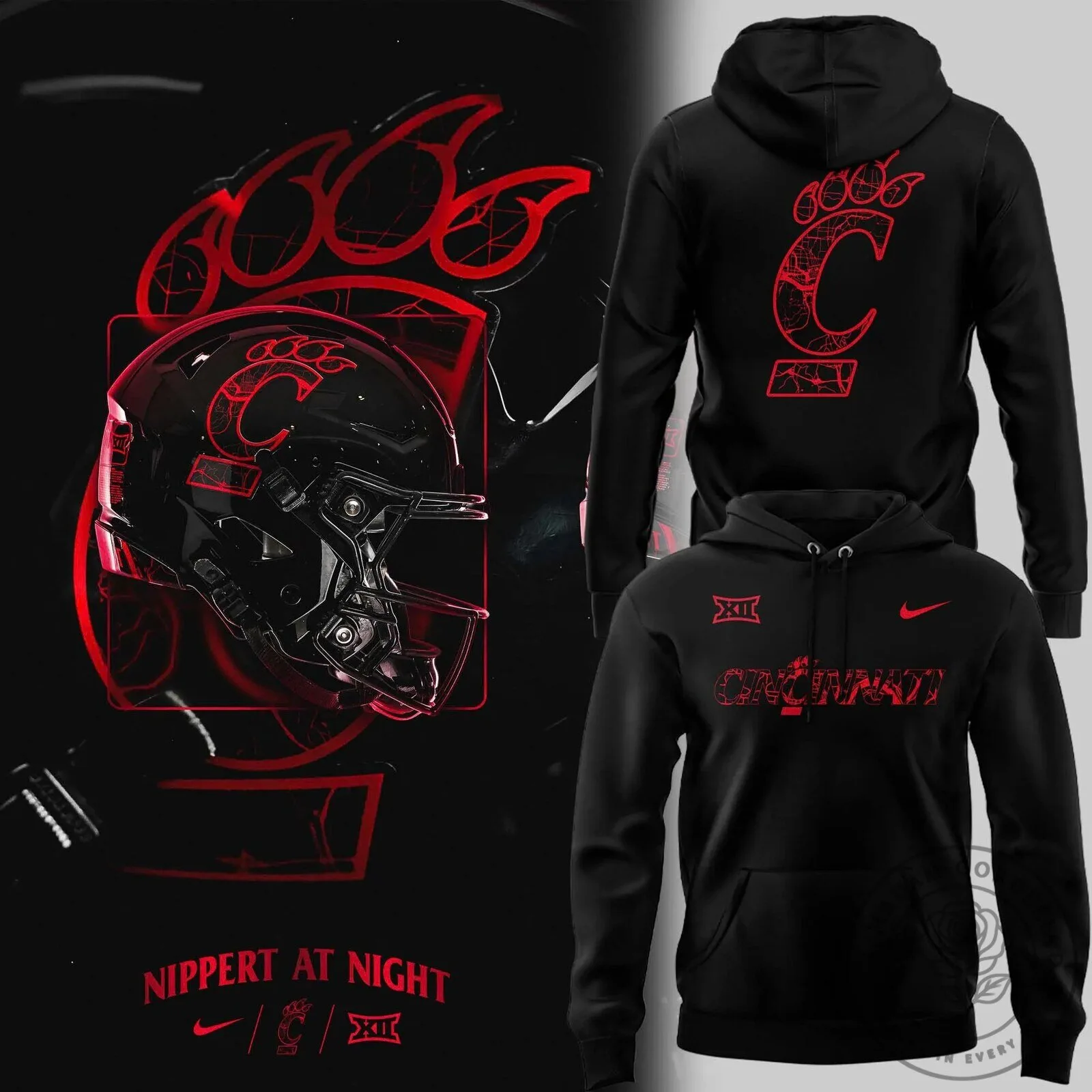 Black Hoodie with Cincinnati Bearcats Football Helmet and Paw Print Design