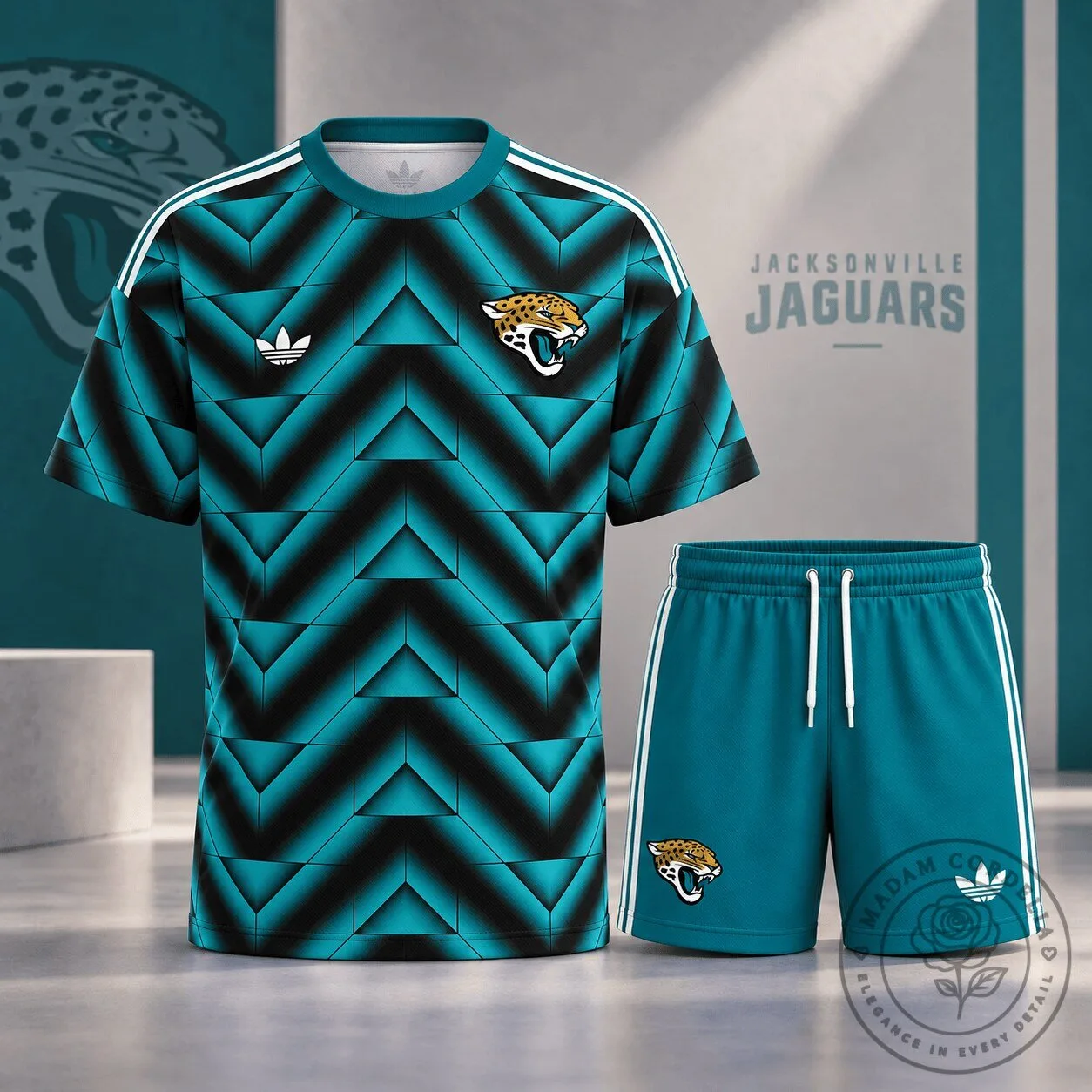 Jacksonville Jaguars NFL Teal Black Geometric Pattern Performance Shirt and Shorts Set