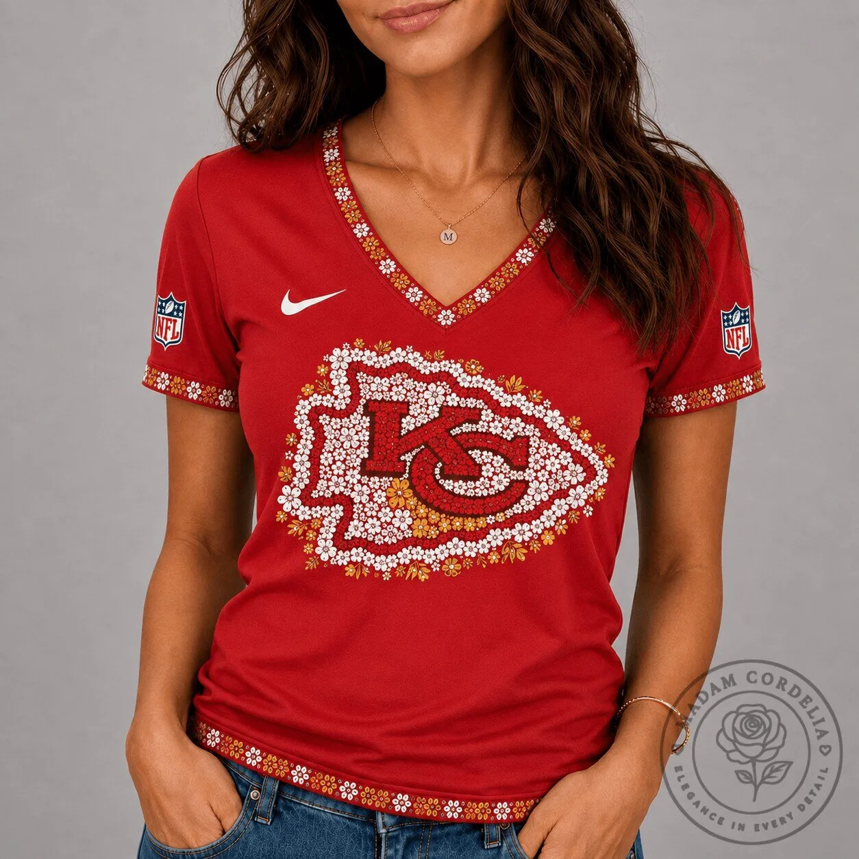 Kansas City Chiefs Floral Logo Red V-Neck Short Sleeve T-Shirt for Women 1 Kansas City Chiefs Floral Logo Red V-Neck Short Sleeve T-Shirt for Women