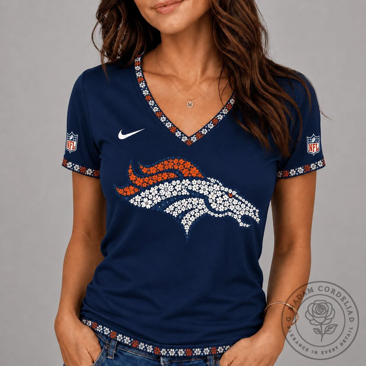 Denver Broncos National Football League Flower Logo V-Neck T-Shirt