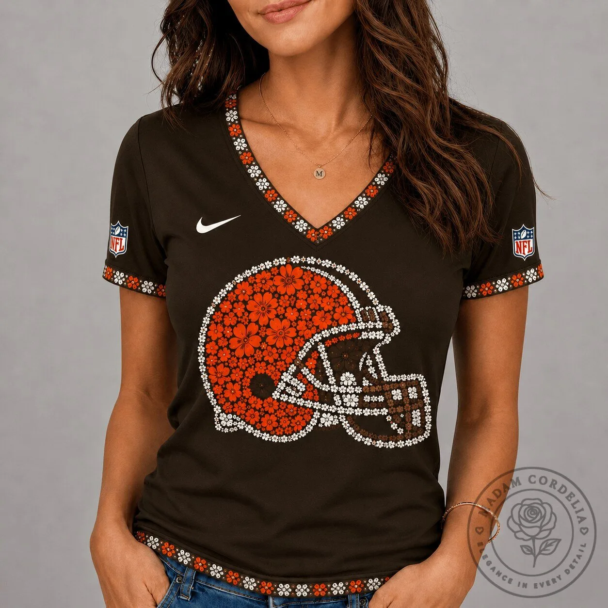 Cleveland Browns NFL Football Floral Helmet V-Neck Short Sleeve T-Shirt
