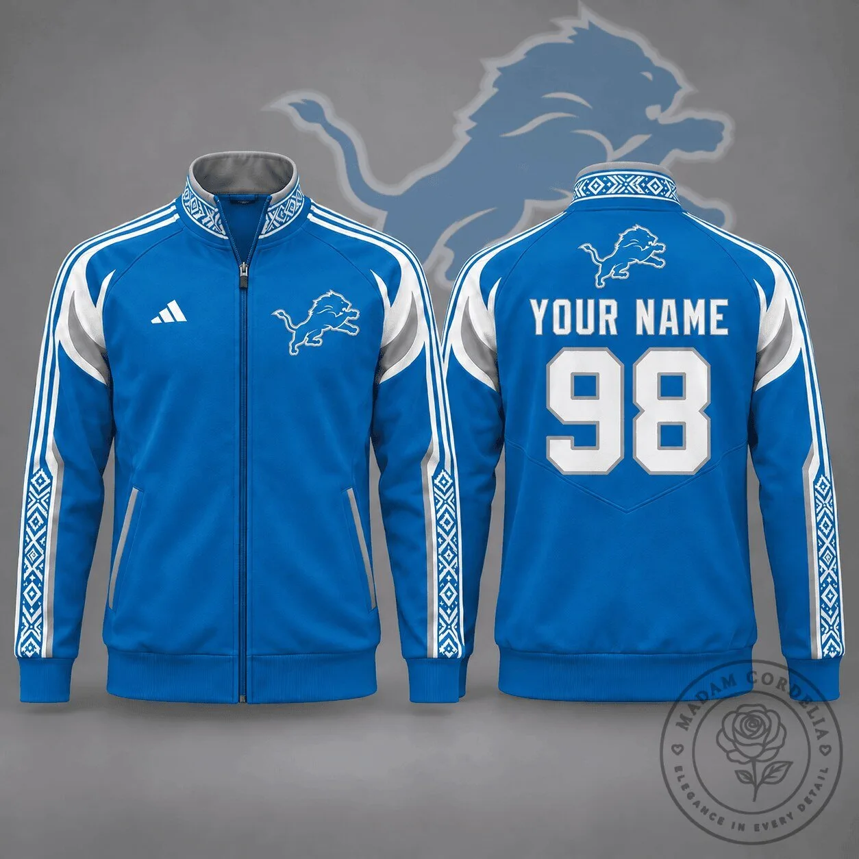 Detroit Lions Personalized Blue and White Striped Full-Zip Track Jacket