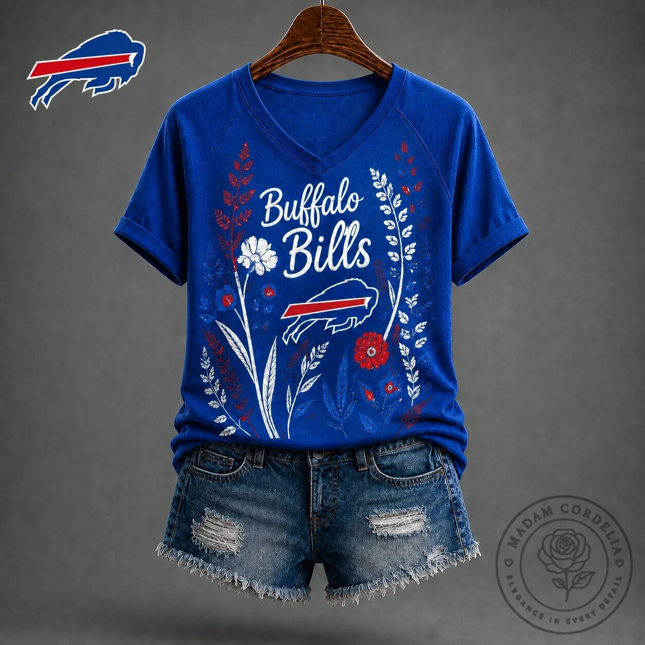 Buffalo Bills NFL Football Floral Garden V-Neck Short Sleeve T-Shirt