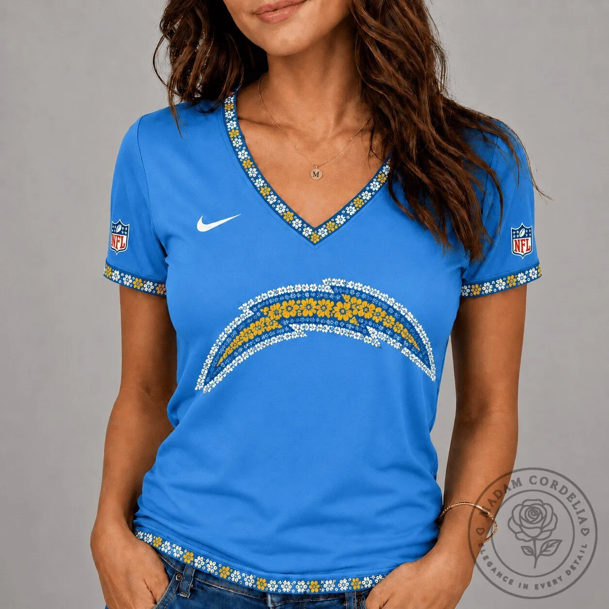 Los Angeles Chargers Floral Logo Women's V-Neck Short Sleeve T-Shirt
