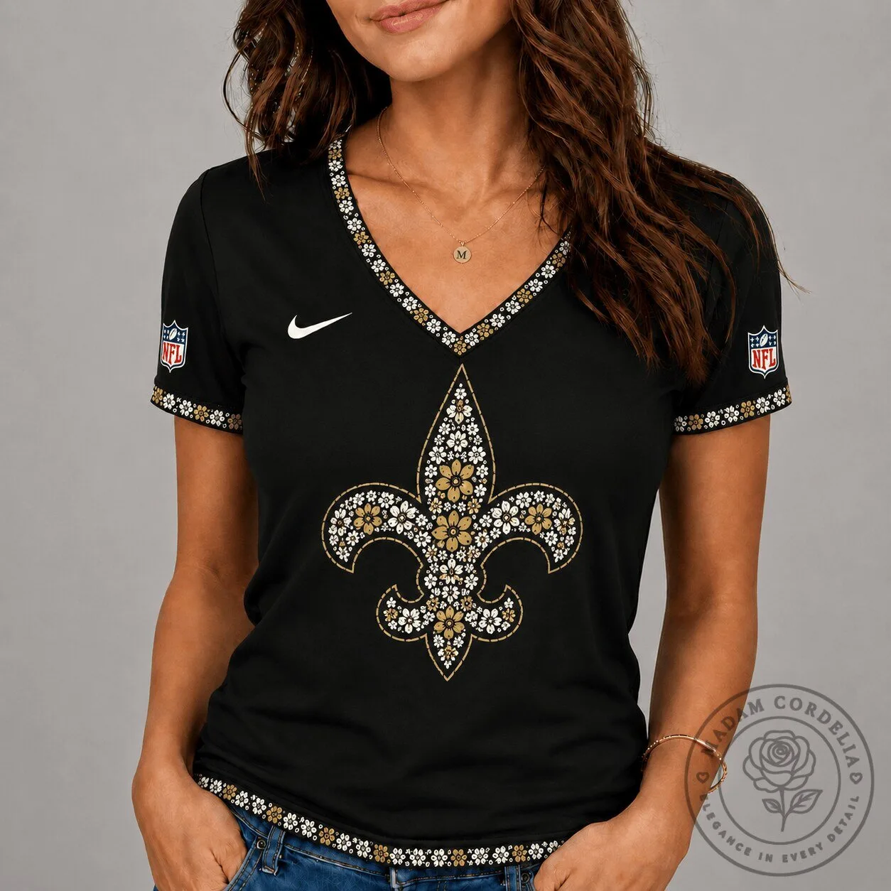 New Orleans Saints Floral Fleur de Lis Gold and White V-Neck T-Shirt