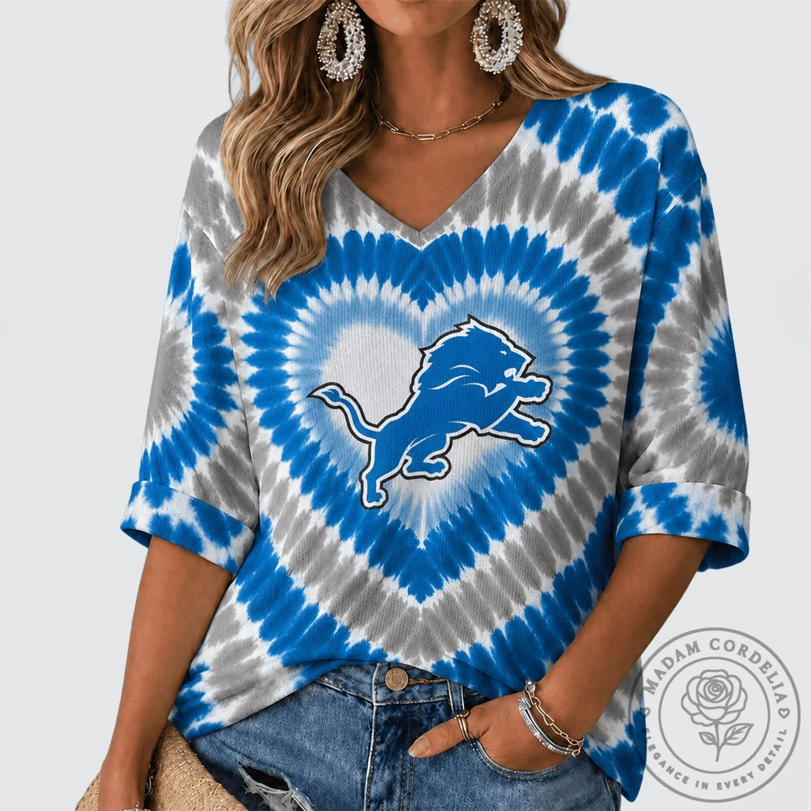 Detroit Lions Heart Tie Dye V-Neck Long Sleeve Shirt for Women