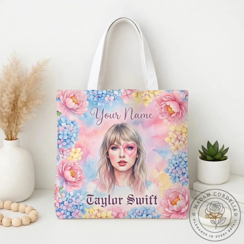 Taylor Swift Pastel Floral Heart Face Printed Tote Bag Taylor Swift Pastel Floral Heart Face Printed Tote Bag