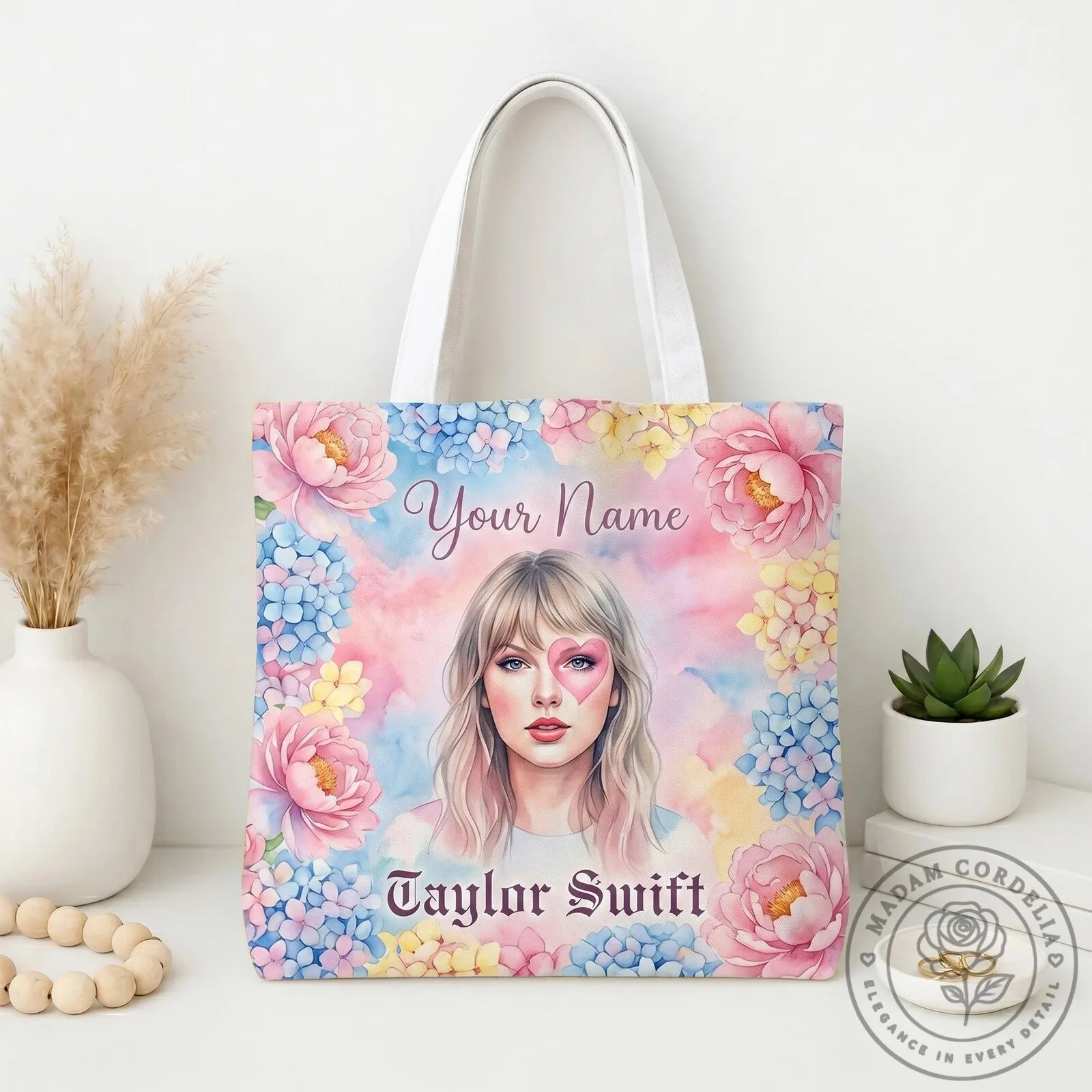 Taylor Swift Pastel Floral Heart Face Printed Tote Bag