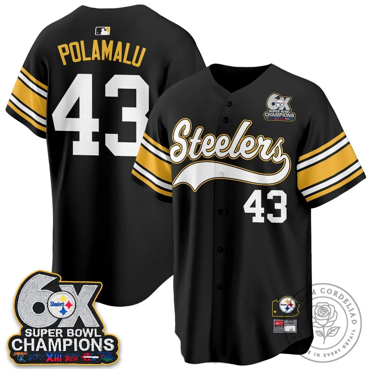 Pittsburgh Steelers Six Times Super Bowl Champions Baseball Jersey 97 Pittsburgh Steelers Six Times Super Bowl Champions Baseball Jersey