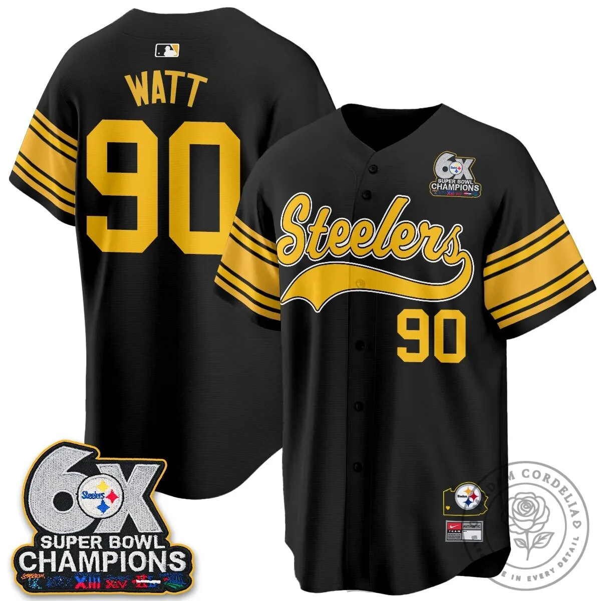 Pittsburgh Steelers Six Times Super Bowl Champions Baseball Jersey 112 Pittsburgh Steelers Six Times Super Bowl Champions Baseball Jersey