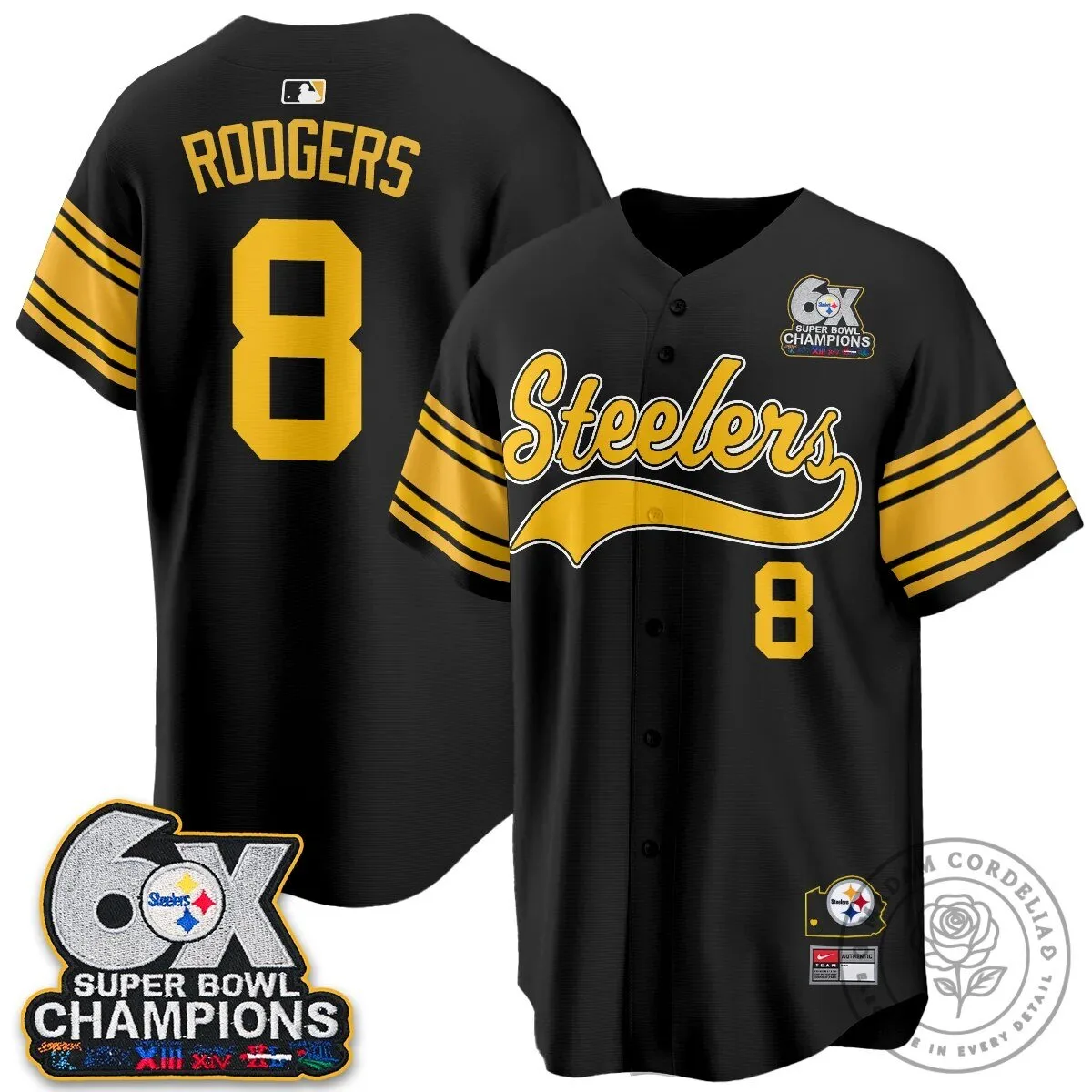 Pittsburgh Steelers Six Times Super Bowl Champions Baseball Jersey 113 Pittsburgh Steelers Six Times Super Bowl Champions Baseball Jersey
