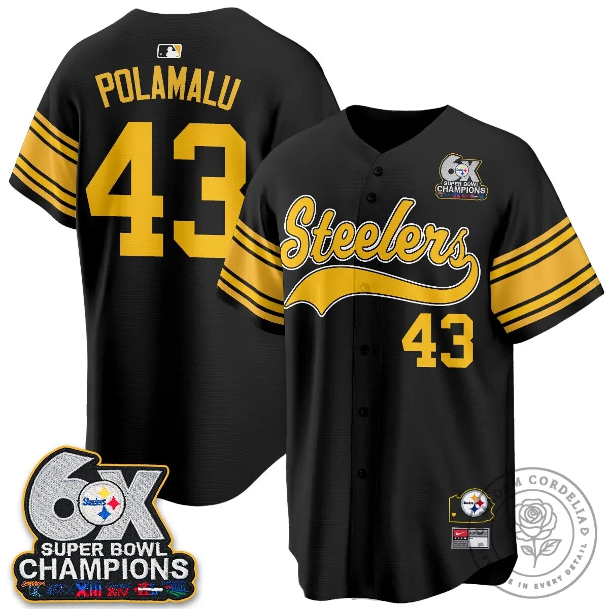 Pittsburgh Steelers Six Times Super Bowl Champions Baseball Jersey 121 Pittsburgh Steelers Six Times Super Bowl Champions Baseball Jersey