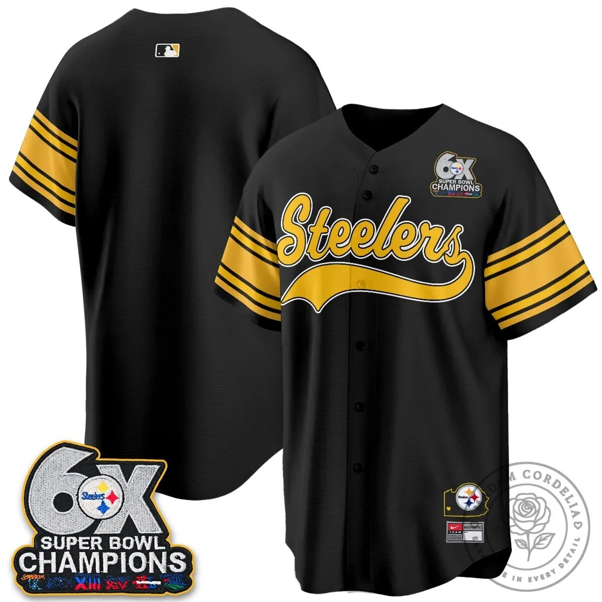 Pittsburgh Steelers Six Times Super Bowl Champions Baseball Jersey 123 Pittsburgh Steelers Six Times Super Bowl Champions Baseball Jersey