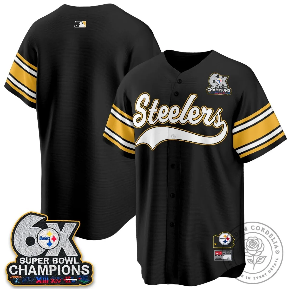 Pittsburgh Steelers Six Times Super Bowl Champions Baseball Jersey 135 Pittsburgh Steelers Six Times Super Bowl Champions Baseball Jersey