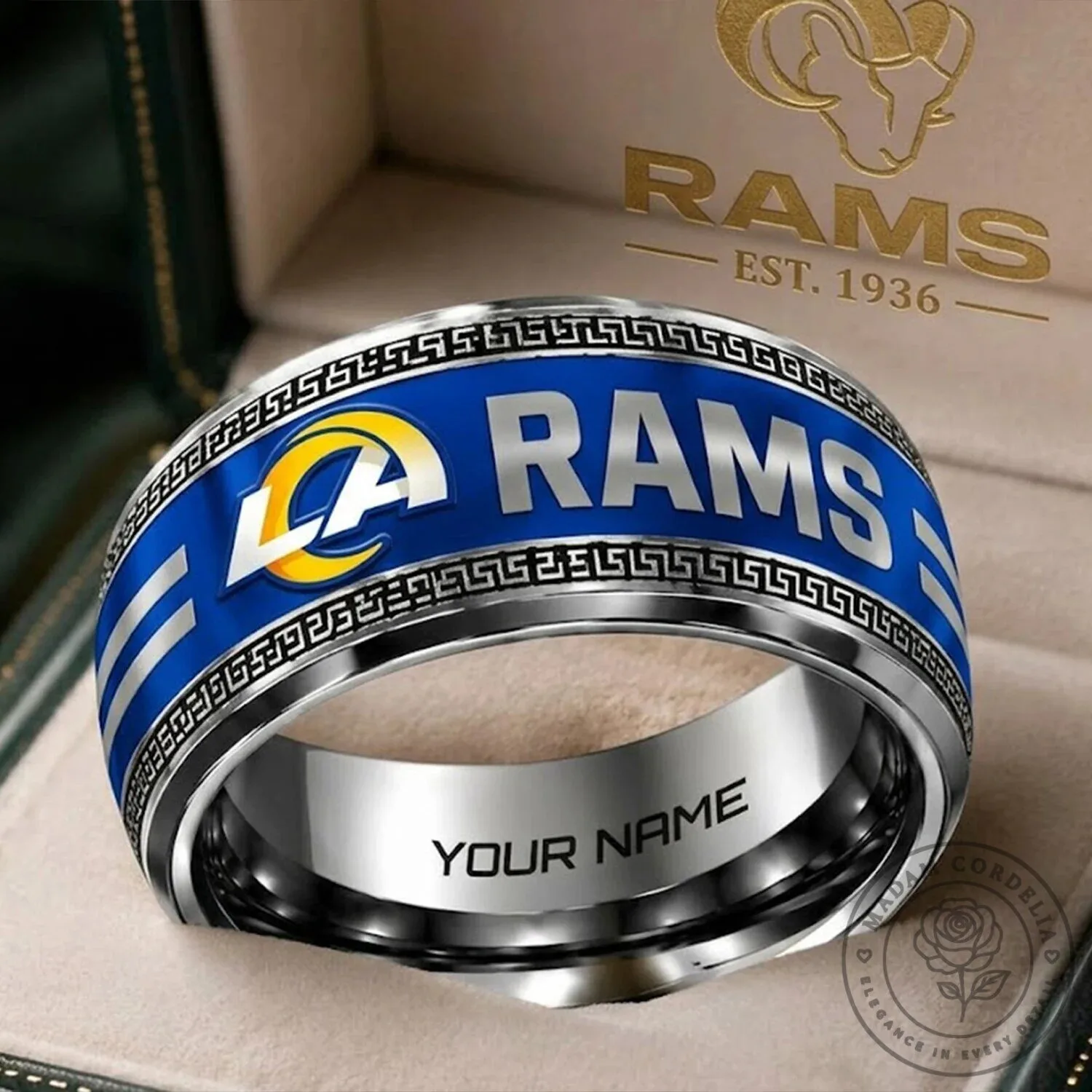 Los Angeles Rams NFL Football Team Custom Name Engraved Silver Ring