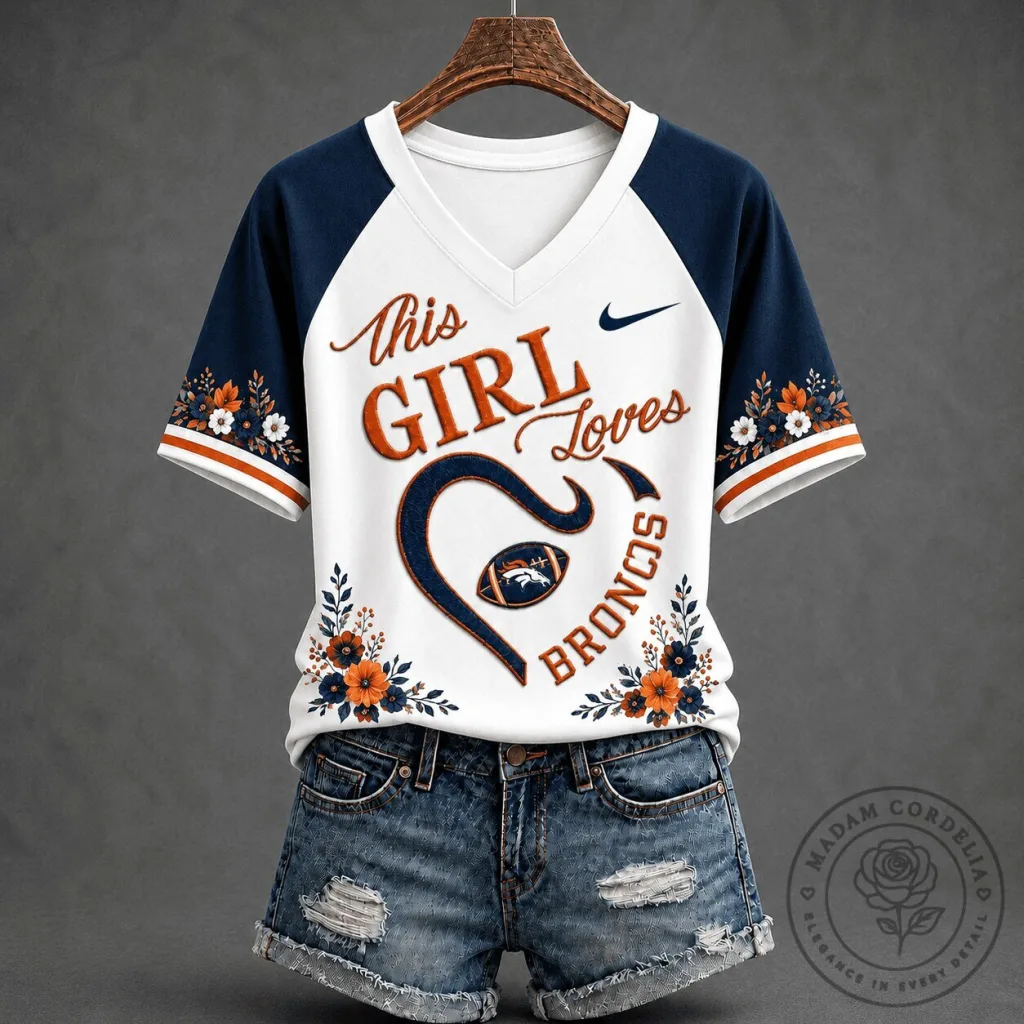 Denver Broncos This Girl Loves Football Floral V-Neck T-Shirt Denver Broncos This Girl Loves Football Floral V-Neck T-Shirt