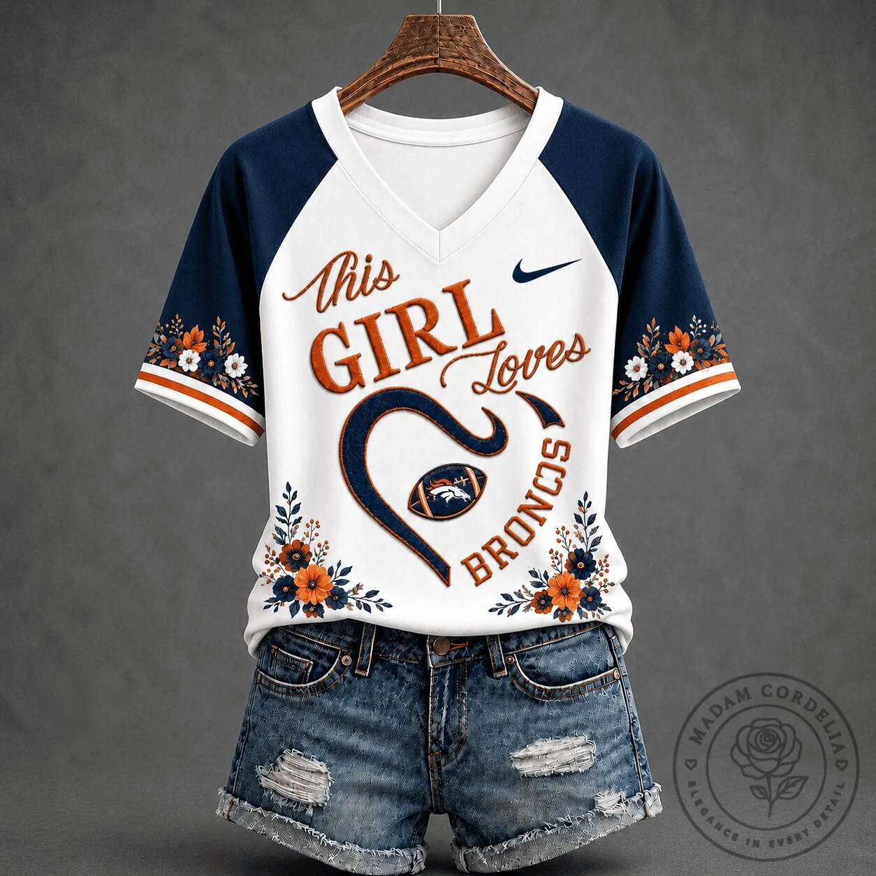 Denver Broncos This Girl Loves Football Floral V-Neck T-Shirt 5 Denver Broncos This Girl Loves Football Floral V-Neck T-Shirt