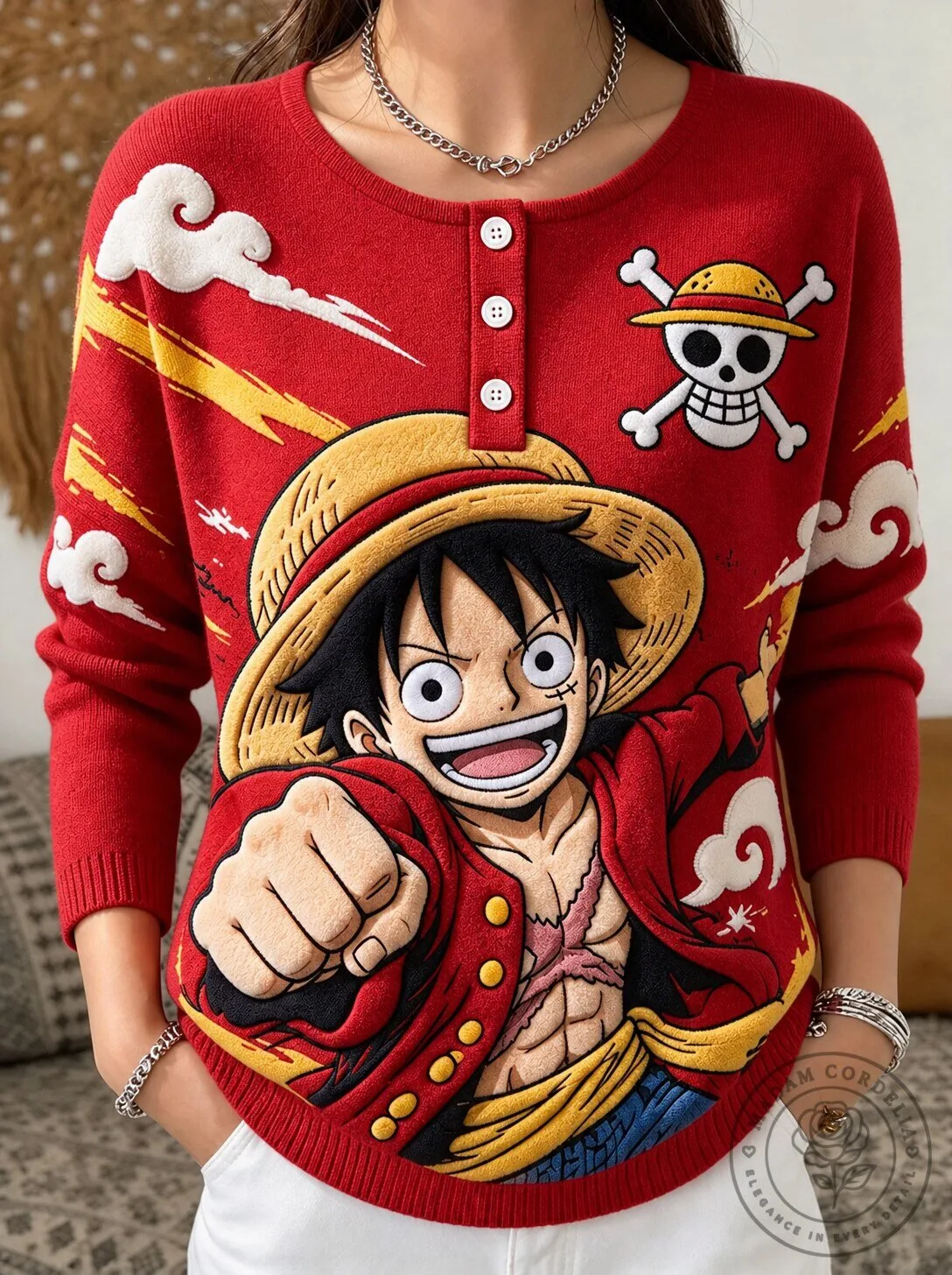 Monkey D. Luffy One Piece Anime Embroidered Red Knitted Long Sleeve Sweater
