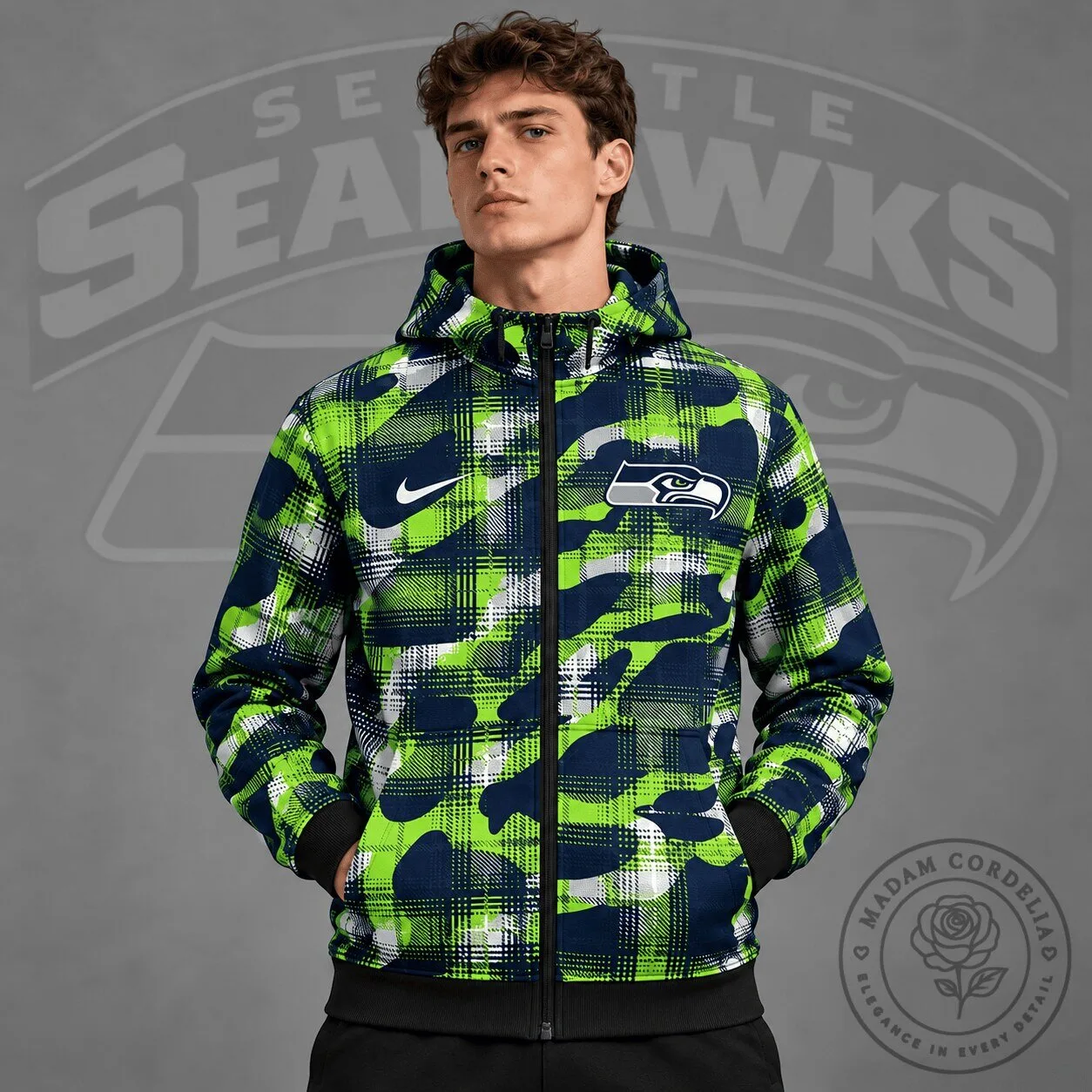 Men's Hooded Jacket with Full Zip in Seattle Seahawks Plaid Camouflage Design
