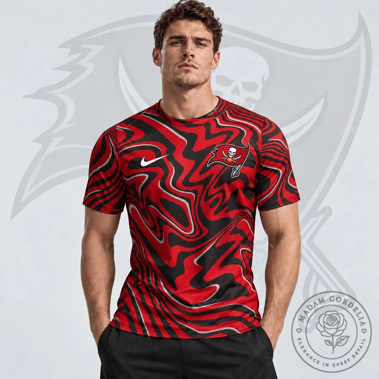 Tampa Bay Buccaneers National Football League Team Crest Abstract Wave T-Shirt