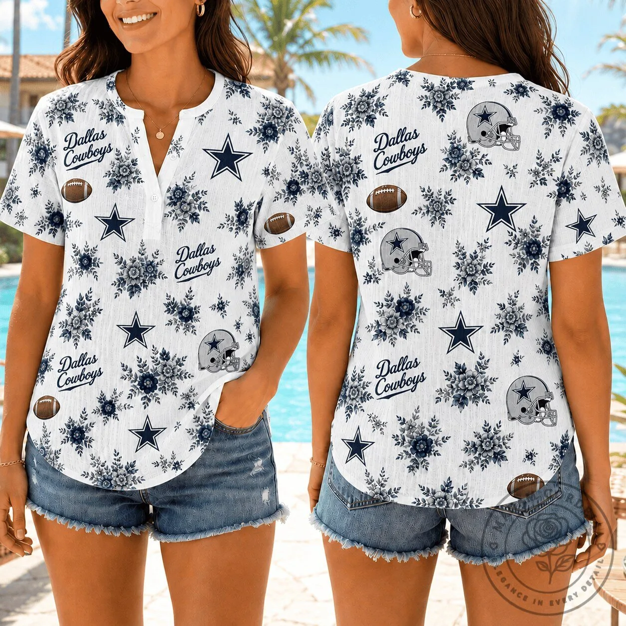 Dallas Cowboys NFL Football Floral Pattern Women's Short Sleeve Shirt