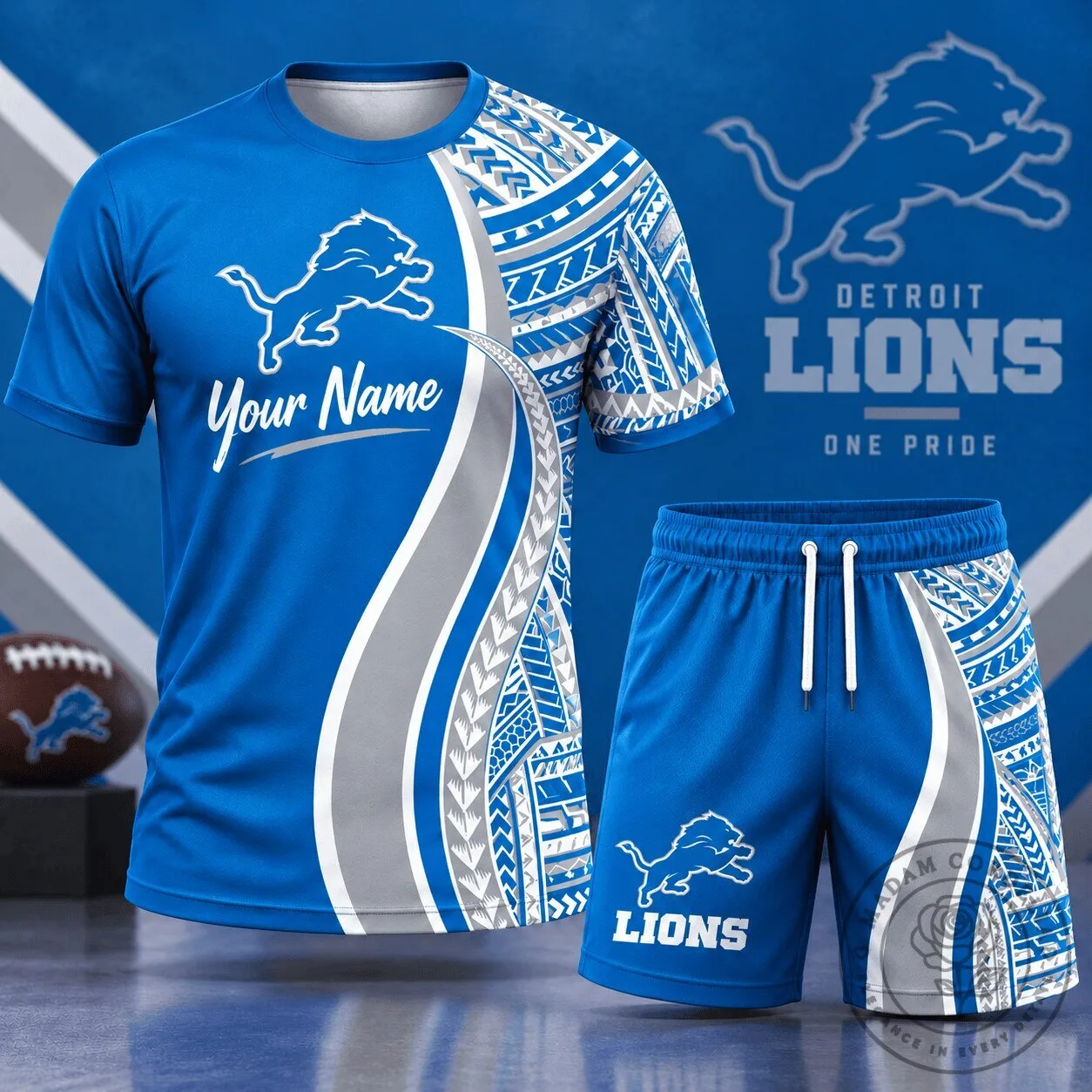 Detroit Lions NFL Football Tribal Graphic Custom Name T-Shirt and Shorts Set