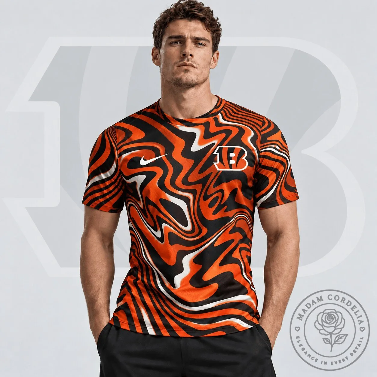 Cincinnati Bengals NFL Team Crest Abstract Wave All Over Print T-Shirt 1 Cincinnati Bengals NFL Team Crest Abstract Wave All Over Print T-Shirt