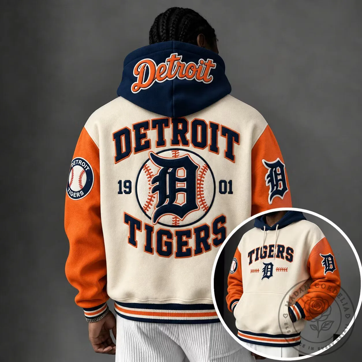Detroit Tigers Baseball Team Logo Oversized Varsity Style Hoodie