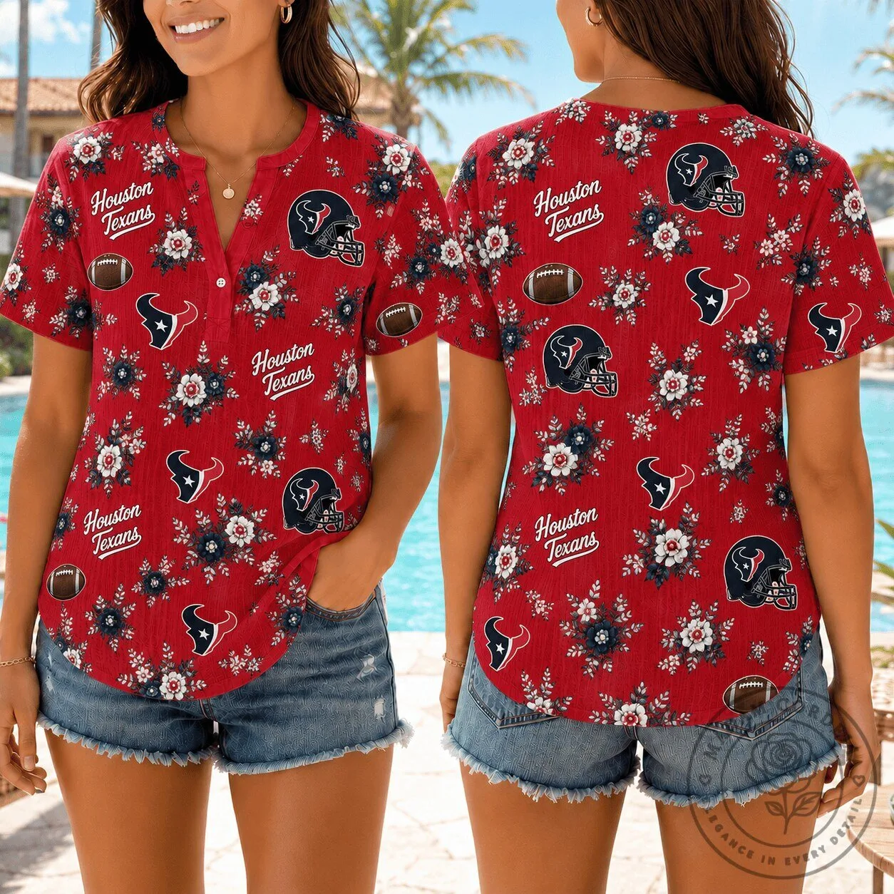 NFL Football Houston Texans Floral Print Women's Short Sleeve Button Up Shirt