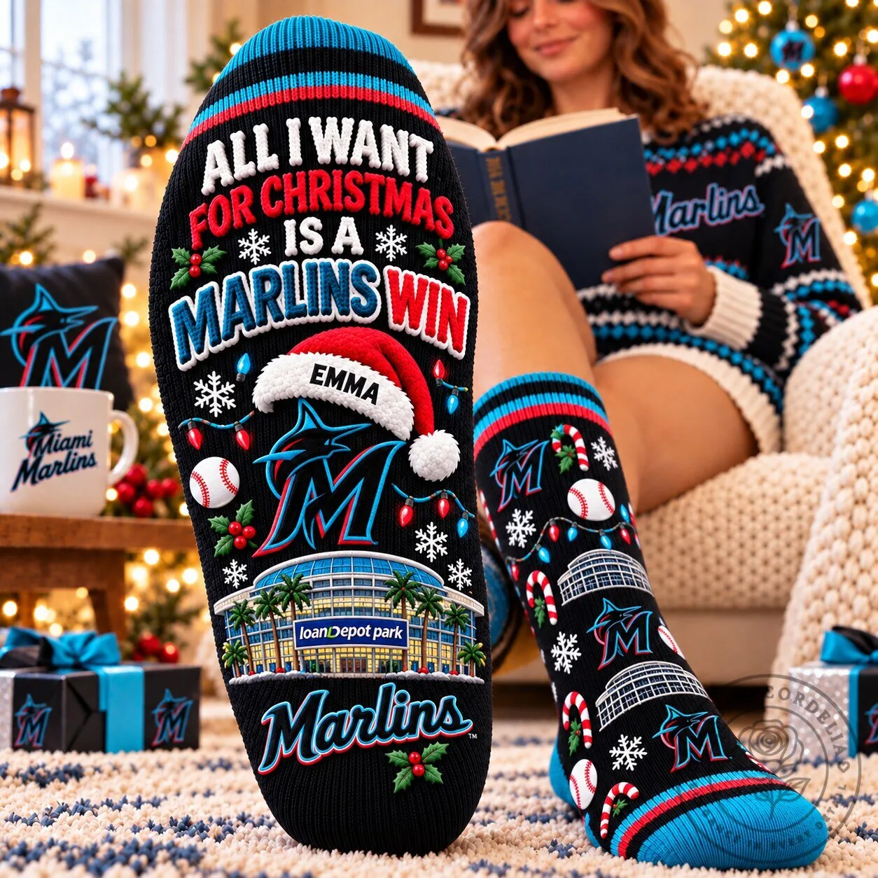 Miami Marlins Baseball Christmas Holiday Socks Personalized Custom Name