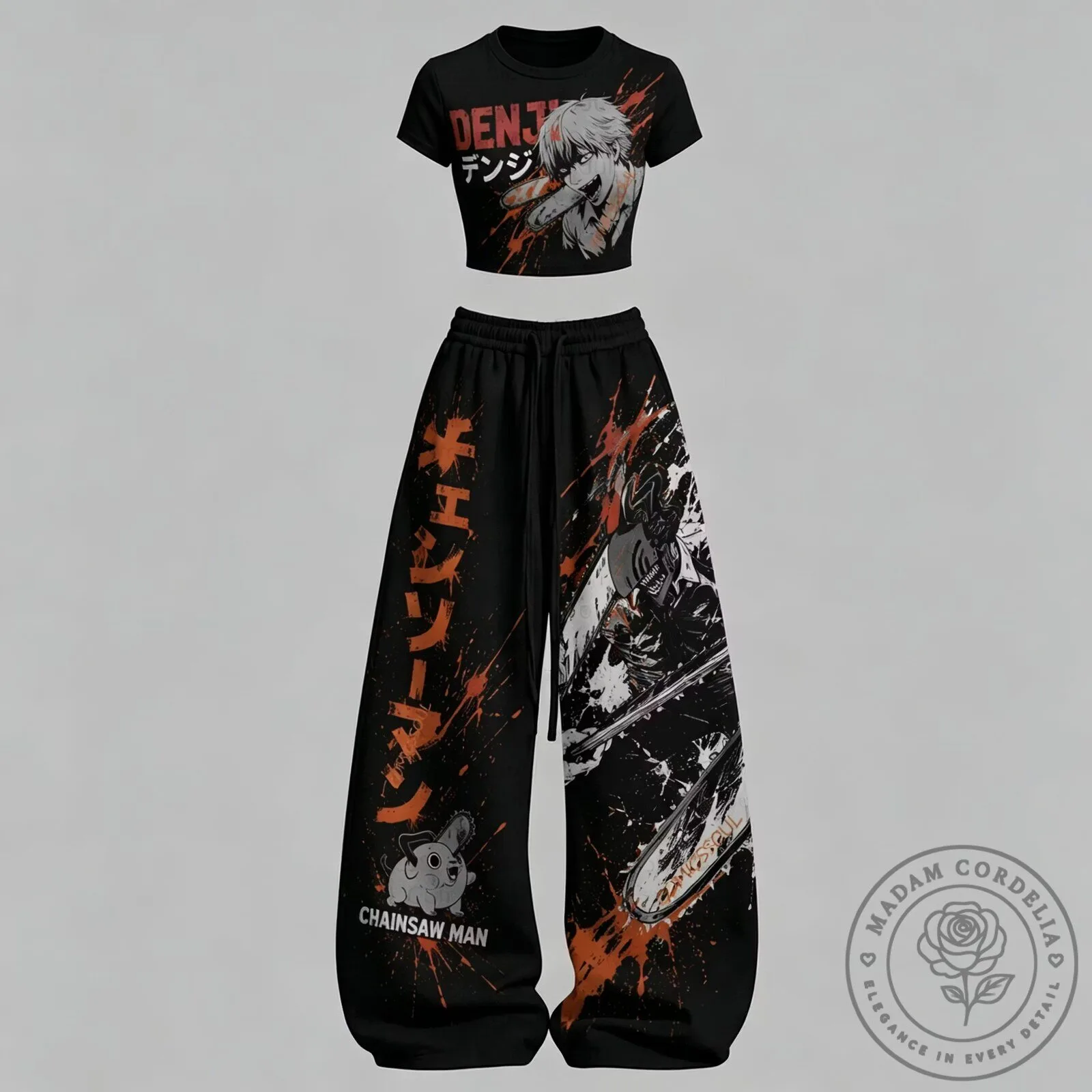 Chainsaw Man Denji and Pochita Anime Black Cropped T-Shirt and Pants Set