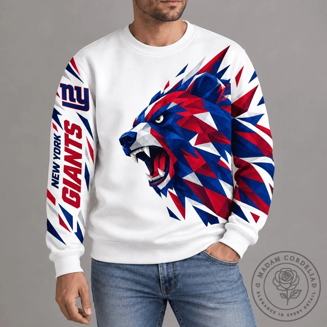 New York Giants Polygonal Bear Mascot White Crewneck Sweatshirt