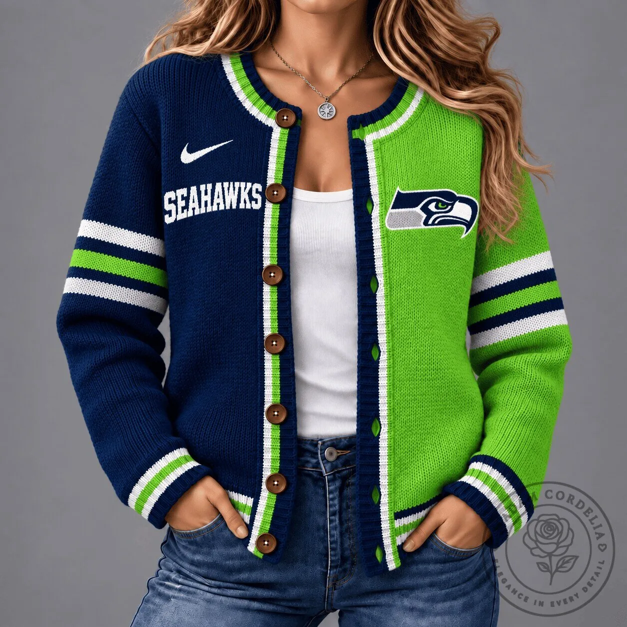 Seattle Seahawks Split Color Knit Cardigan Sweater with Embroidered Logo