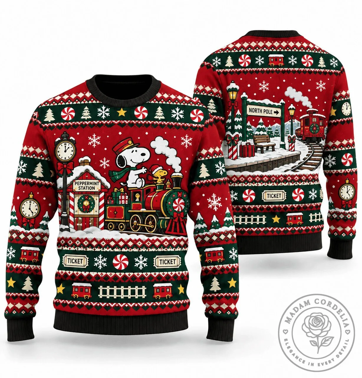 Snoopy Peppermint Station Departure Christmas Holiday Ugly Sweater