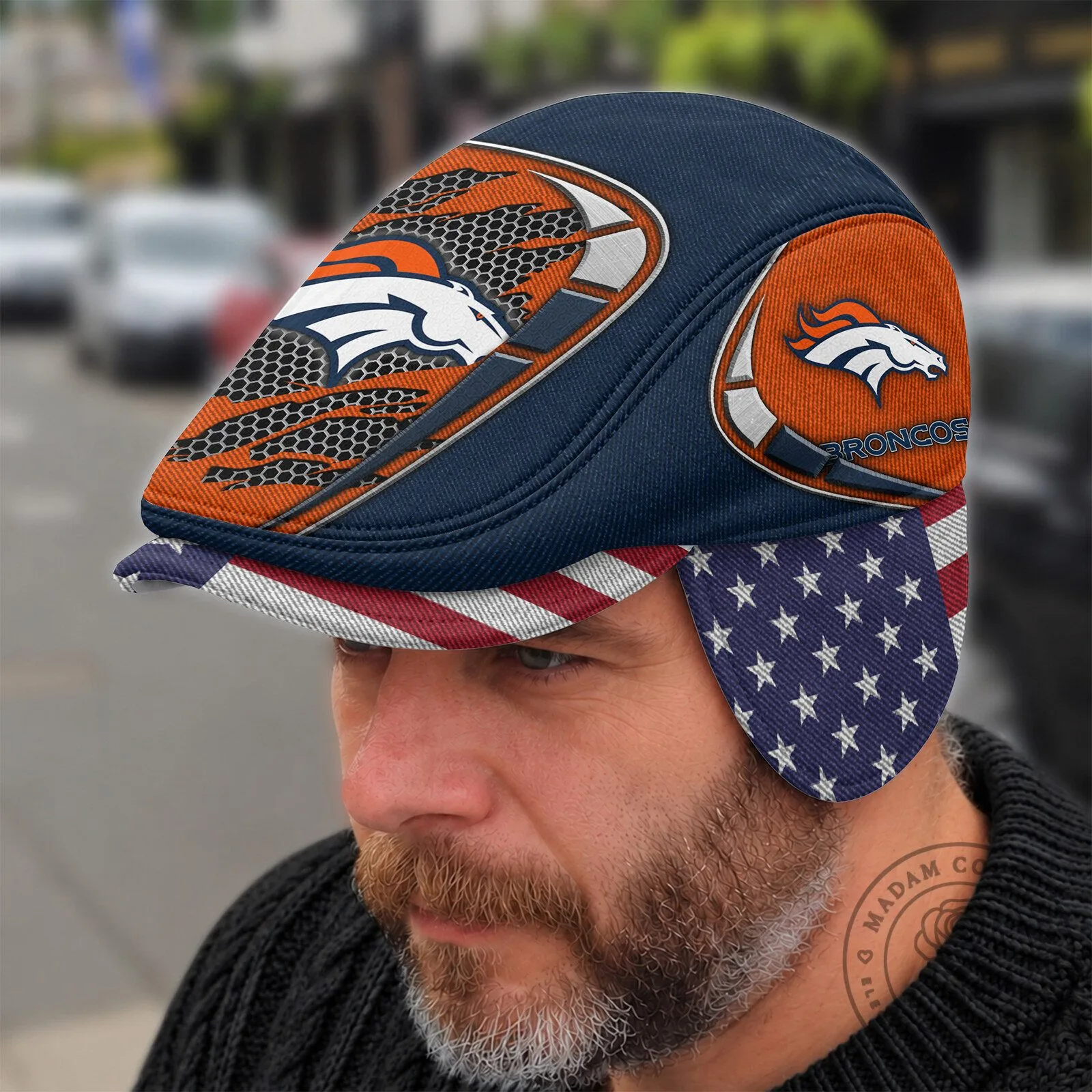 Denver Broncos American Flag Flat Cap with Foldable Ear Flaps