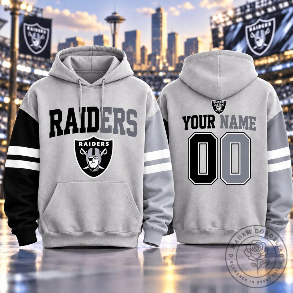 Las Vegas Raiders Personalized Black and Gray Two-Tone Varsity Hoodie Las Vegas Raiders Personalized Black and Gray Two-Tone Varsity Hoodie