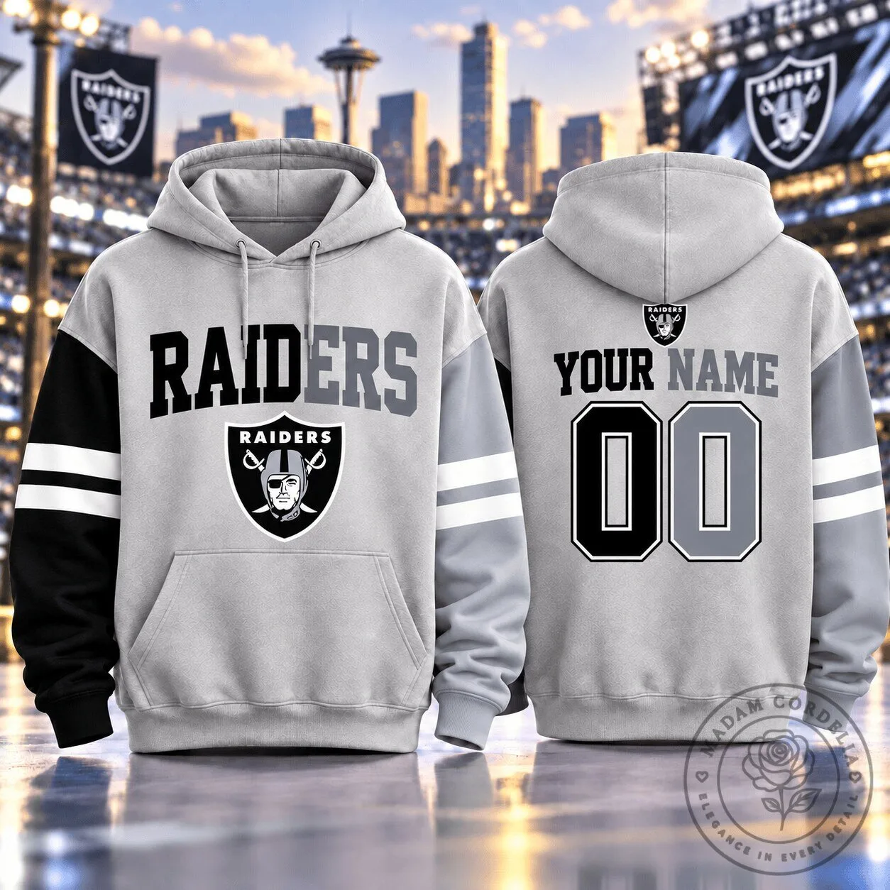 Las Vegas Raiders Personalized Black and Gray Two-Tone Varsity Hoodie