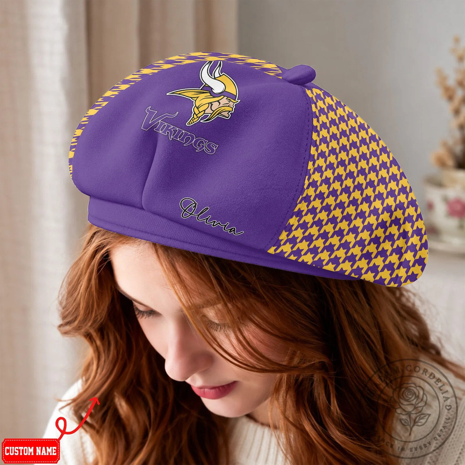 Minnesota Vikings Personalized Purple and Gold Houndstooth Beret Hat