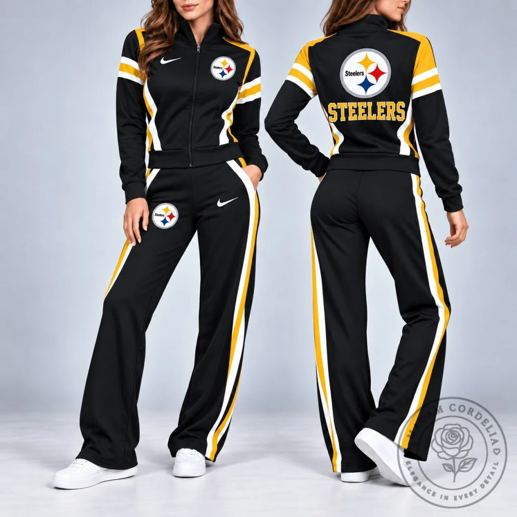 Pittsburgh Steelers Women's Black and Gold Striped Tracksuit Jacket and Pants Set Pittsburgh Steelers Women's Black and Gold Striped Tracksuit Jacket and Pants Set
