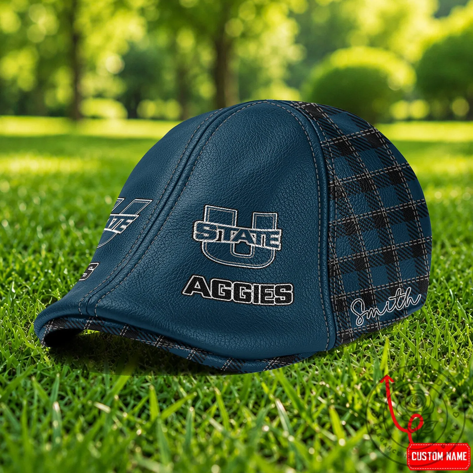Utah State Aggies NCAA Ivy League Flat Cap, Personalized Blue Plaid Golf Hat