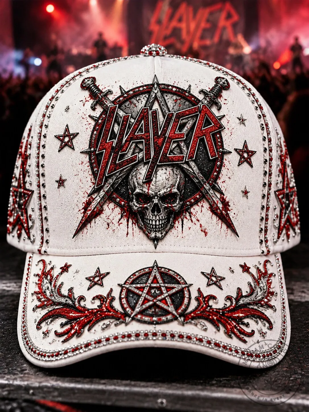 Slayer Heavy Metal Band Skull and Swords Embroidered White Baseball Cap Hat