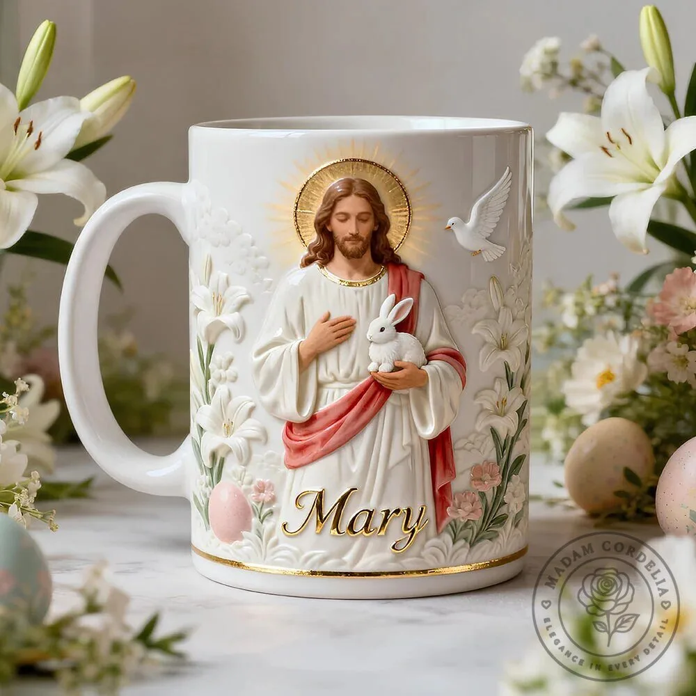 Personalized Jesus Christ Easter Lily and Rabbit Christian Faith Mug