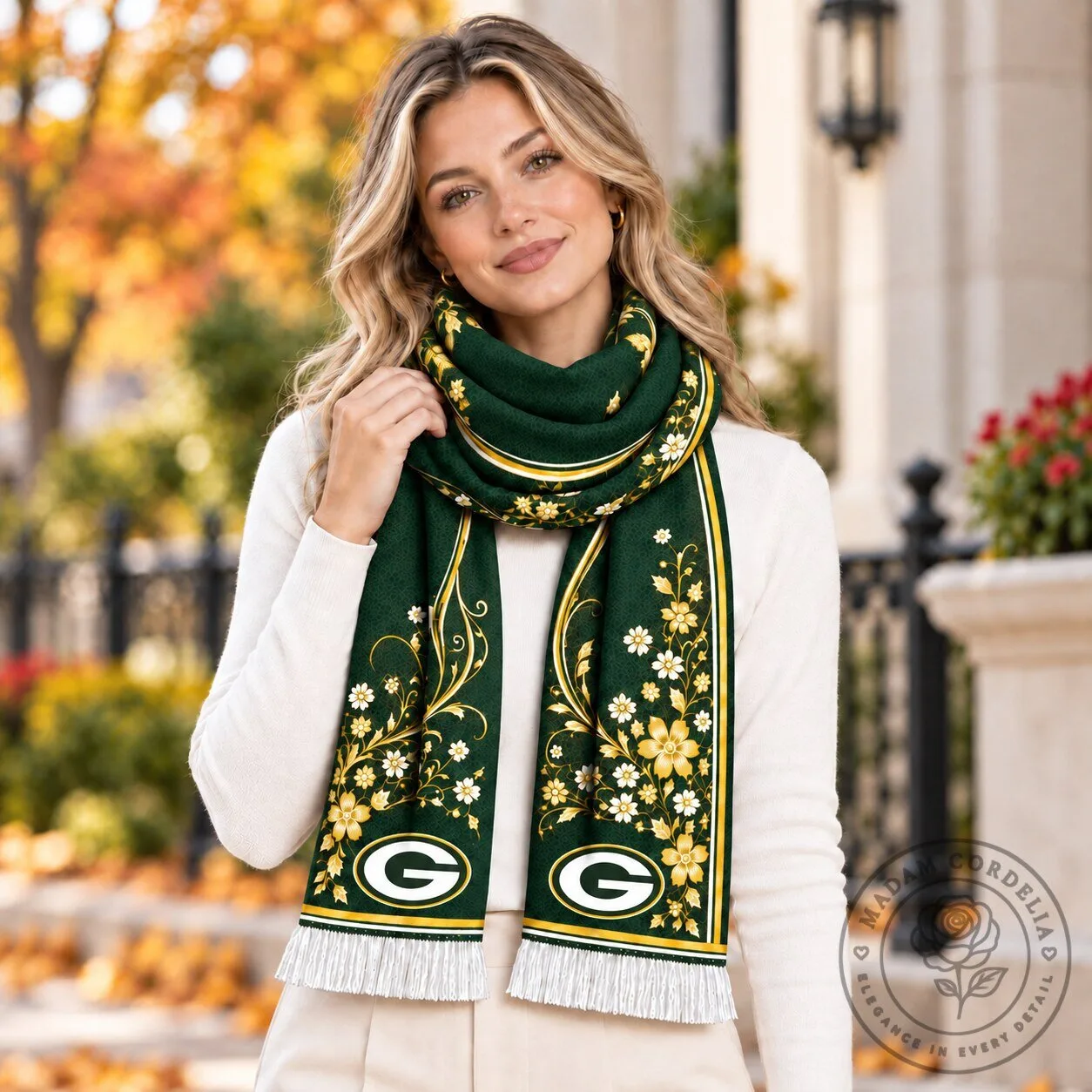 Green Bay Packers Floral Pattern Winter Scarf for Women
