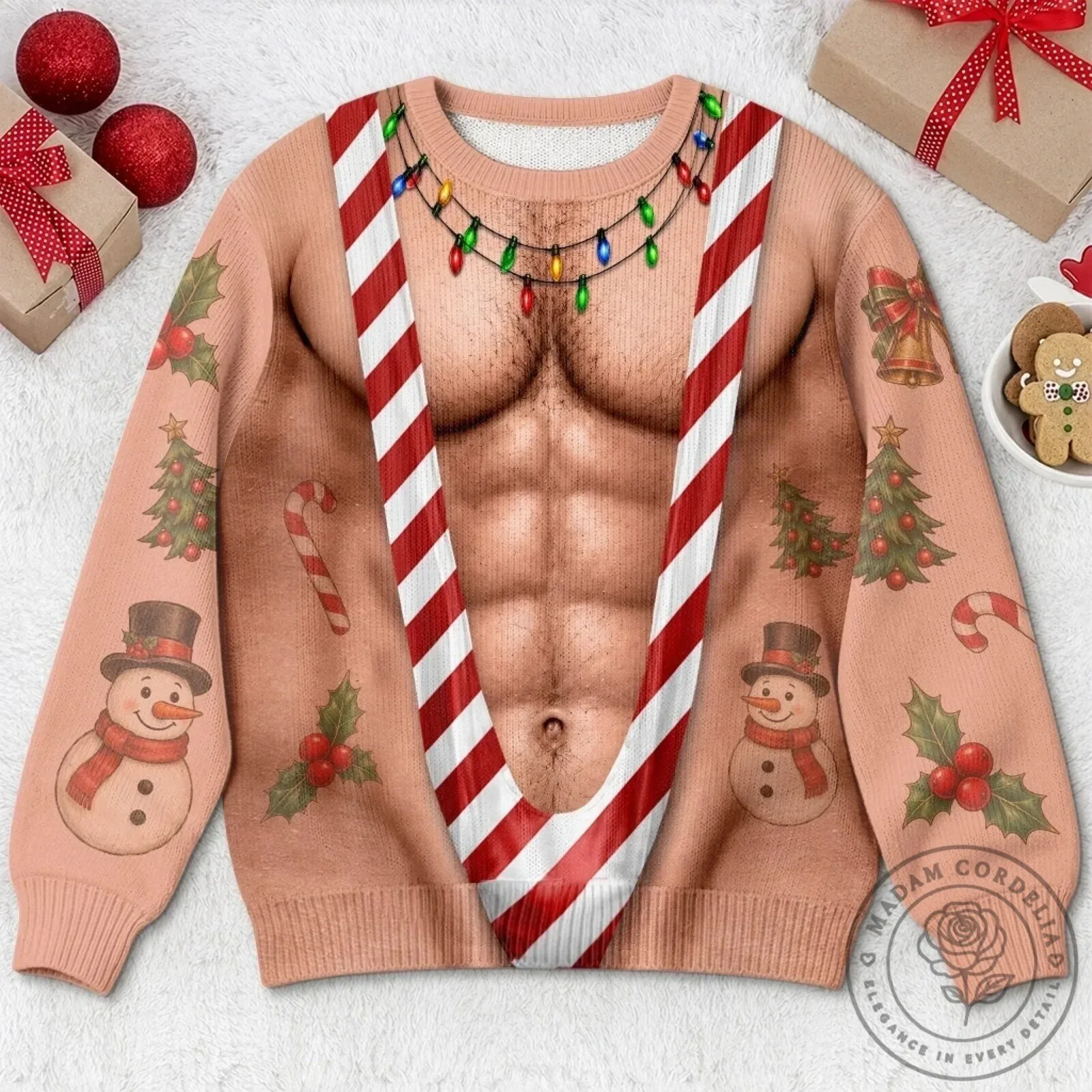 Funny Christmas Muscle Chest Ugly Sweater with Candy Cane Suspenders