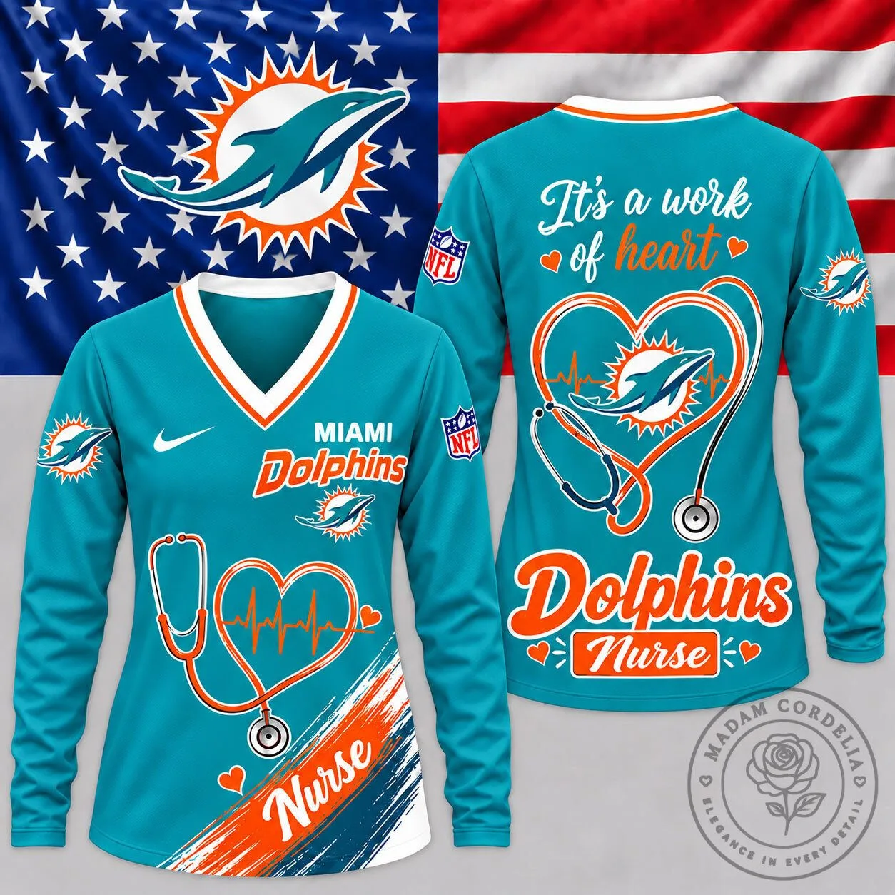 Miami Dolphins Nurse Heartbeat V-Neck Long Sleeve Shirt