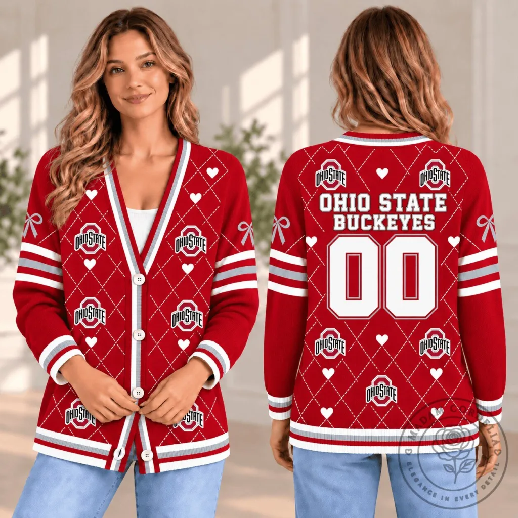 Ohio State Buckeyes Personalized Team Spirit Argyle Red Cardigan Sweater Ohio State Buckeyes Personalized Team Spirit Argyle Red Cardigan Sweater