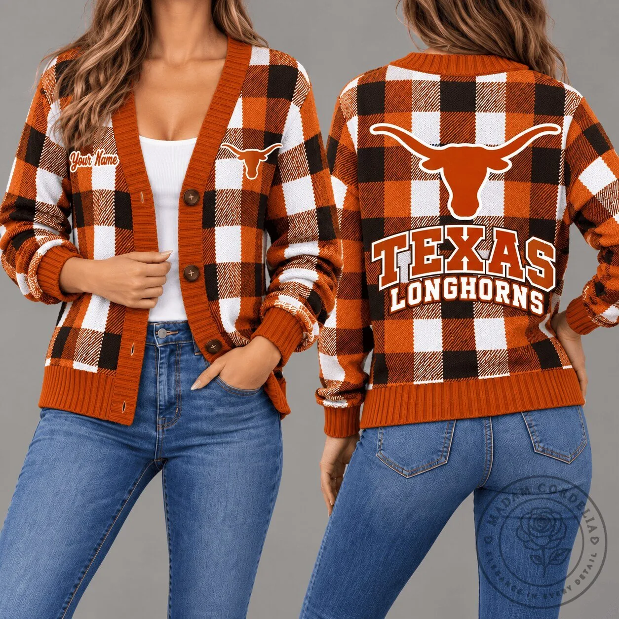 Texas Longhorns Plaid Pattern Personalized Cardigan Sweater For Women