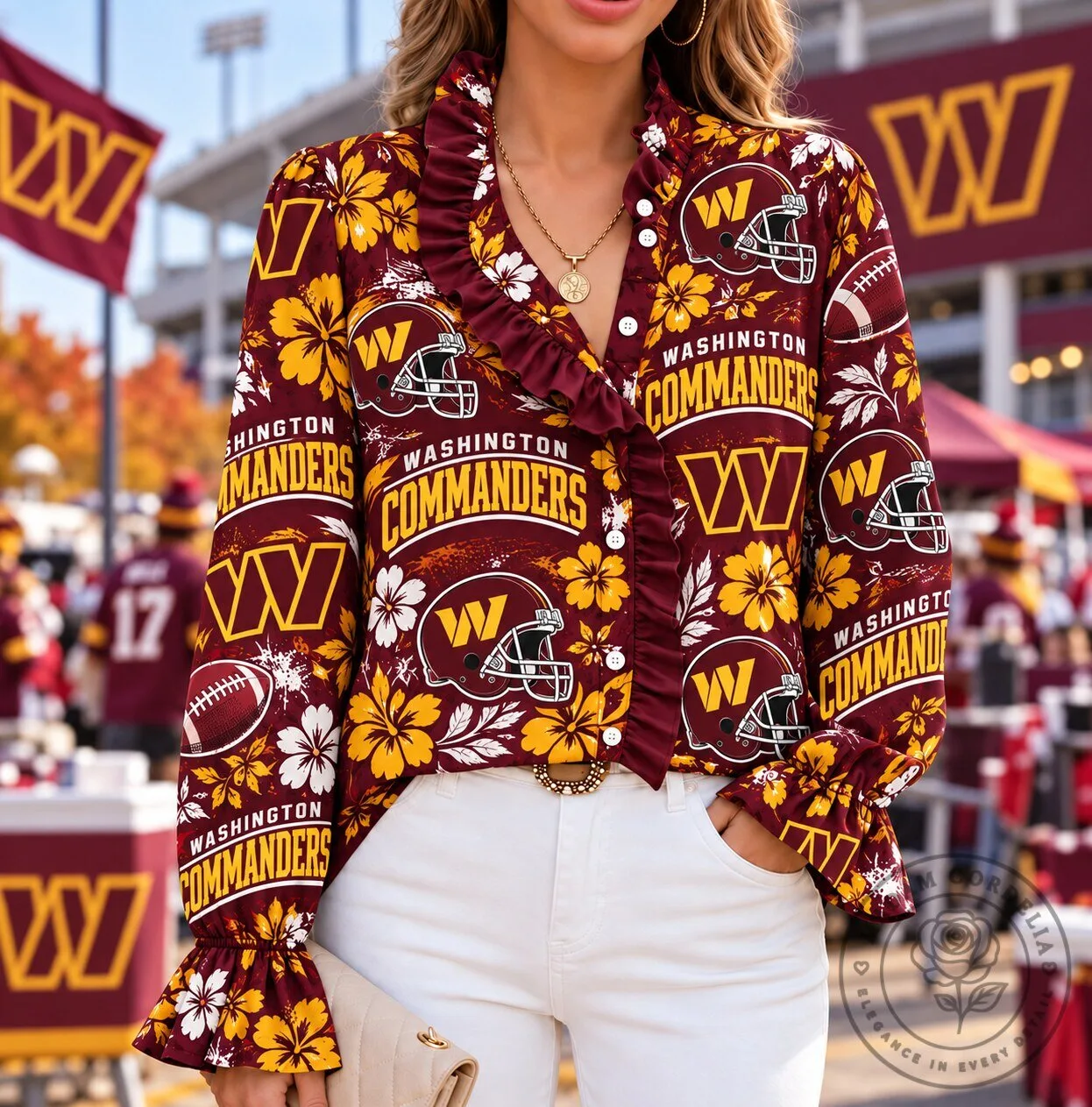 Washington Commanders Football Team Floral Pattern Ruffled Long-Sleeve Blouse