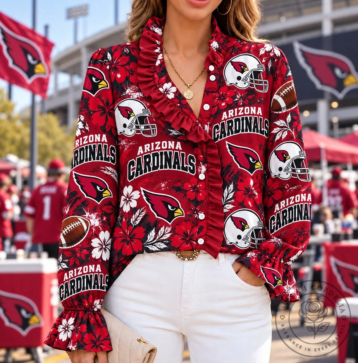 Arizona Cardinals Football Team Tropical Floral Ruffled Long-Sleeve Blouse 1 Arizona Cardinals Football Team Tropical Floral Ruffled Long-Sleeve Blouse
