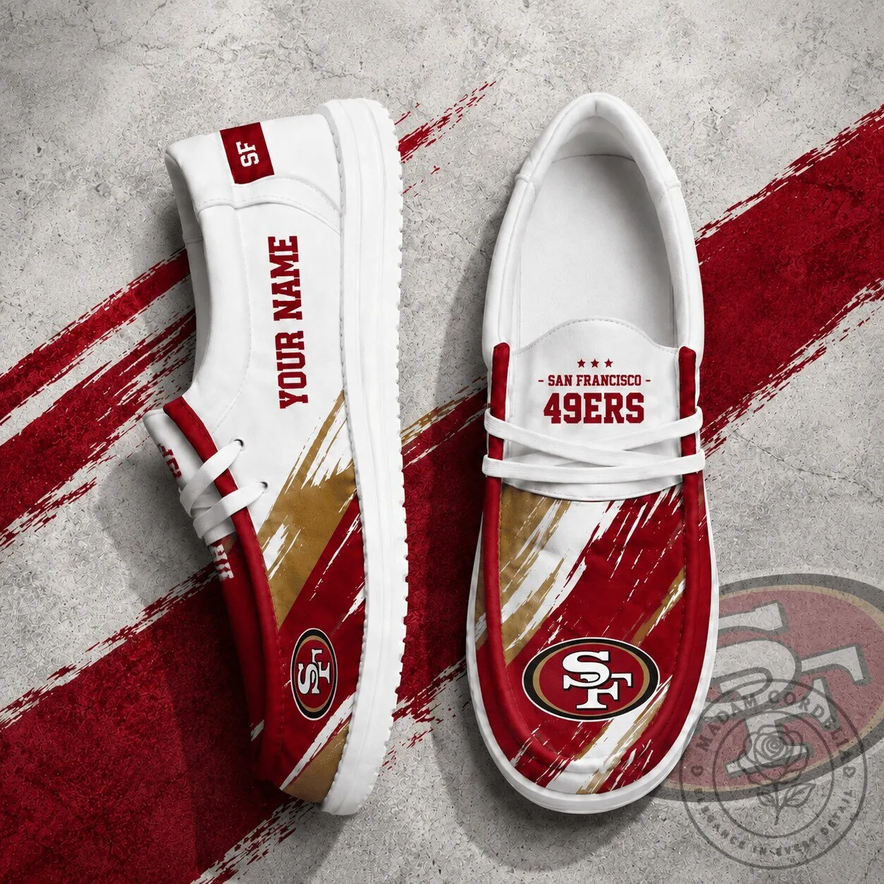 San Francisco 49ers Personalized Red and Gold Hey Dude Style Shoes